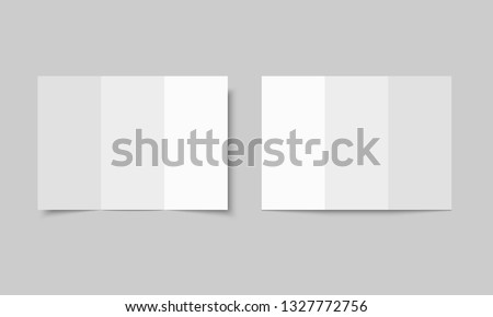 Blank white tri folded brochure mockup. Open booklet isolated. Vector template on white background.
