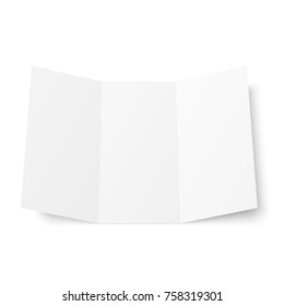 Blank white trifold booklet opened on white background. Front side. Tri folded paper sheet in A4. Mock up of empty cover or flyer isolated. 3D illustration