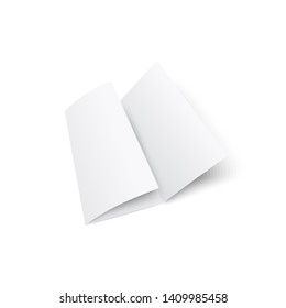 Blank white trifold brochure or leaflet 3d realistic mockup vector illustration isolated on white background. The paper element of corporate stationery kit for presentation.