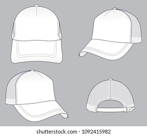 Blank white trucker cap with mesh at side and back, adjustable slider plastic buckle zip template on gray background. vector file