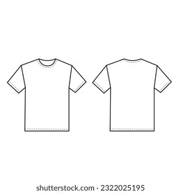 Blank white t-shirt template with dotted stitching and front and back view