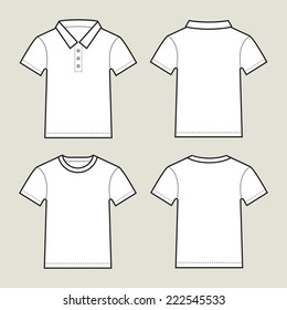 Blank white t-shirts- front and back, isolated on light grey background.