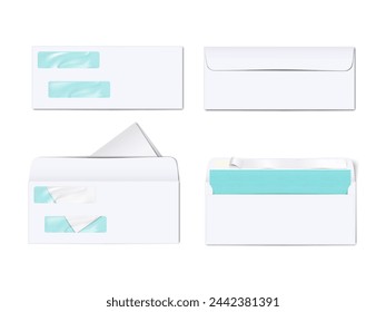 Blank white two clear window envelope. Front and back, closed and open. Vector mockup. Business correspondence. Realistic mock-up