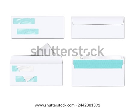 Blank white two clear window envelope. Front and back, closed and open. Vector mockup. Business correspondence. Realistic mock-up