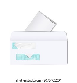 Blank white two window envelope with brochure inside. Business letter. Realistic vector illustration