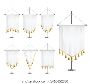 Blank white various shapes pennants with golden tassel fringe on steel spire pedestal realistic set vector illustration 