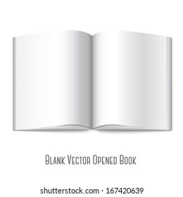 Blank white vector opened book, magazine or photo album for your messages, design concepts,advertising, photos etc. Isolated on white background with soft reflection.