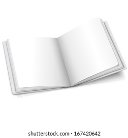 Blank white vector opened book or photo album for your messages, design concepts, photos etc. Isolated on white background with soft reflection