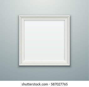 Blank white vector photo frame. Empty realistic square frame hanging on the wall.