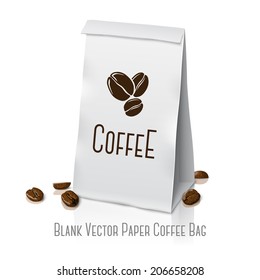 Blank white vector realistic paper packaging coffee bag with coffee sign and coffee beans,  with place for your design and branding. Isolated on white background with reflection.