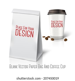 Blank White Vector Realistic Paper Packaging Bag And  Paper Coffee Cup 