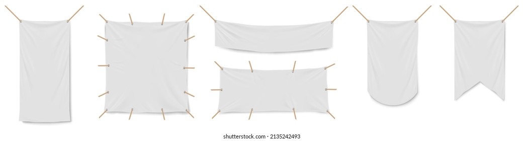 Blank white vinyl banners, flags and pennants template. Mockup of empty fabric advertising posters. Vector realistic set of horizontal and vertical canvas streamers and pennons hanging with ropes