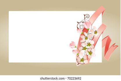 Tarjeta blanca de visita en blanco con cinta rosa y rama floreciente