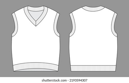 Blank White V-Neck Sweater Vest Template On Gray Background.
Front and Back View, Vector File.