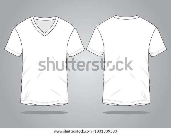 Blank White V-Neck T-Shirt Template on Gray\
Background Vector.Front And Back\
Views.