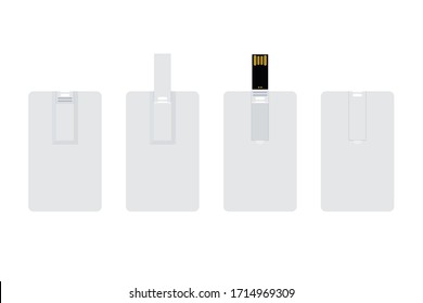 Blank white wafer USB flash card back view and front view, opened and closed. Empty template for corporate identity. Simple flat vector illustration isolated on white background  svg