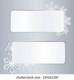 Blank white winter banners with snowflake shapes vector template.