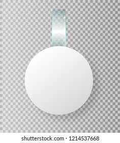 Blank White Wobbler Hang On Wall Mock Up, 3d Rendering. Space Round Paper Mockup On Plastic Transparent Strip. Clear Price Sticker Circle Shape. Pricing Tag Label Template Isolated. Vector