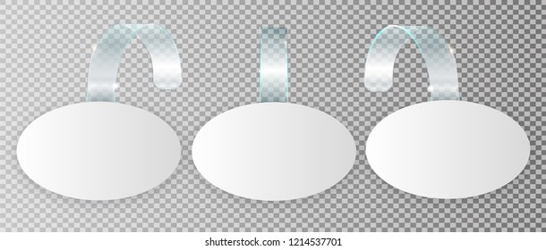 Blank White Wobbler Hang On Wall Mock Up, 3d Rendering. Space Round Paper Mockup On Plastic Transparent Strip. Clear Price Sticker Oval Shape. Pricing Tag Label Template Isolated. Vector Illustration