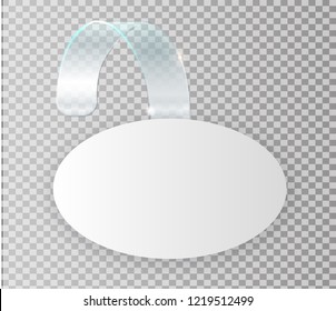 Blank white wobbler hang on wall mock up, 3d rendering. Space round paper mockup on plastic transparent strip. Clear price sticker oval shape. Pricing tag label template isolated. Vector illustration