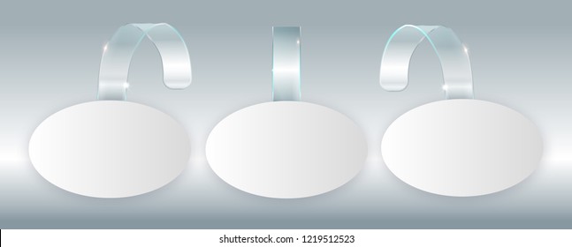 Blank White Wobbler Hang On Wall Mock Up, 3d Rendering. Space Round Paper Mockup On Plastic Transparent Strip. Clear Price Sticker Oval Shape. Pricing Tag Label Template Isolated. Vector Illustration