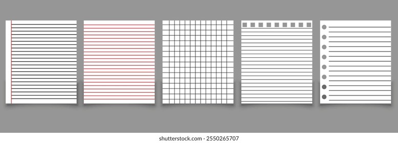 Livro de exercícios da planilha em branco. Página de papel de regra realista do bloco de anotações. Folha escolar com linhas e grade. Bloco de notas para matemática e papel de carta e papel de carta em branco isolado no fundo cinza eps10 a