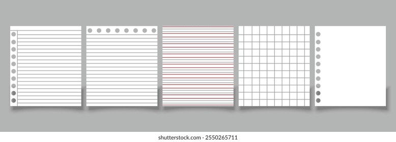 Blank white worksheet exercise book. Realistic rule paper page of notebook. School sheet with lines and grid. Notepad for mathematics and letter and blank notepaper isolated on gray background eps10 a