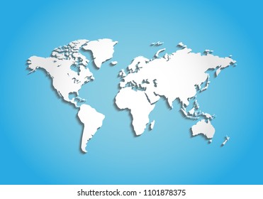Blank White of World map with shadow isolated on blue background. Worldmap Vector template for website, design, cover, infographics. Flat Earth Graph illustration.