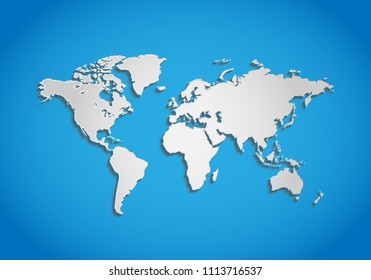 Blank White of World map with shadow isolated on blue background. Worldmap Vector template for website, design, cover, infographics. Flat Earth Graph illustration.