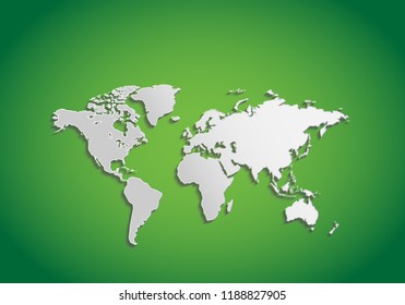 Blank White of World map with shadow isolated on Green background. Worldmap Vector template for website, design, cover, infographics. Flat Earth Graph illustration.