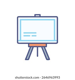 A blank whiteboard on a tripod stand, isolated against a White Background. Flat graphic style with blue accents.