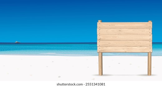 Blank whitewashed wooden signboard posts on white sand beach with tropical blue sea have blue sky background graphic illustration.