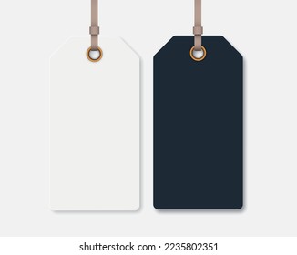 Blank whute and black tag for your design. isolated on light transparent background. Vector realistic illustration.