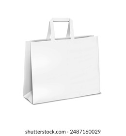 Blank wide tape handle paper carrier bag isolated on white background. Realistic 3d vector mockup. White square package with side gusset and flat bottom. Mock-up. Template for design