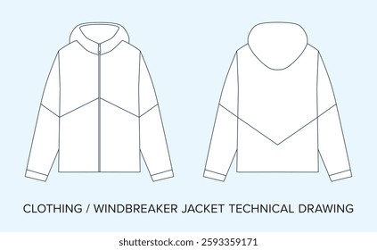 Blank Windbreaker Jacket Technical Drawing, Apparel Blueprint for Fashion Designers. Detailed Editable Vector Illustration, Black and White Clothing Schematics, Isolated Background