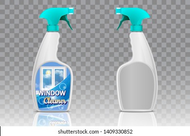 Blank And With Window Cleaning Product Label Spray Bottles. Vector Realistic 3d Illustration On Transparent Background. Handy Plastic Trigger Spray Bottle Mockup Set.