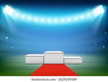 Blank winner podium with red carpet. Award ceremony at sports stadium. Vector illustration.