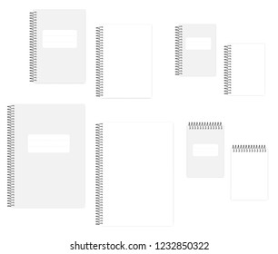 Blank wire bound notebook with tear off sheets, vector mockup set. A4, A5, A6 size. Empty spiral notepads: clear white page and cover, template