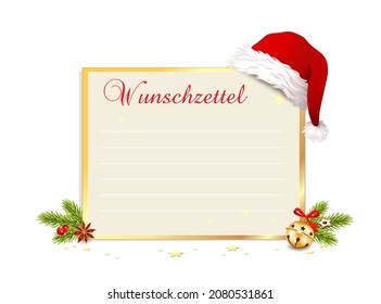 Blank wish list with a golden border, Santa hat,
decorated with fir branches, bells, golden stars and much more,
Vector illustration isolated on white background
