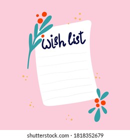 Blank wish list template. Journal page design with lettering and leaves and berries on pink background, cartoon doodle isolated illustration