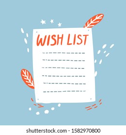 Blank Wish List Template, Lined Sheet Of Paper On Blue Background With Orange Doodles. Journal Page Layout Design.