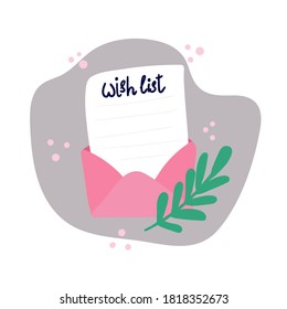 Blank wish list template. White paper page in open envelope design with lettering and leaves on gray background cartoon doodle isolated illustration