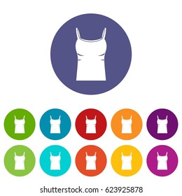 Blank women tank top icons set in circle isolated flat vector illustration