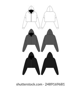 Blank Women Zipper Cropped Hoodie Technical Drawing Vector Fashion Illustration Women's Zipper Cropped Hoodie Flat Vector Mockup Template  Cropped Hoodie Apparel Mock-up Template Vector