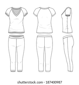 Blank women's active wear in front, back and side views. Vector illustration. Isolated on white.