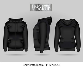 Blank women's black sweatshirt hoodie in front, back and side views. Vector illustration. Isolated on white background. Realistic female clothes for sport and urban style
