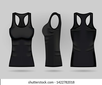 Blank women's black tank top in front, back and side views. Vector illustration. Isolated on white background. Realistic female sport shirts