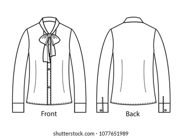 Blank  Women's bow collar shirt in front and back views.Vector illustration.