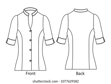 Blank women's chinese collar blouse shirt in front and back views .Vector illustration.
