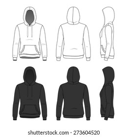 Blank Women's hoodies in front, back and side views.